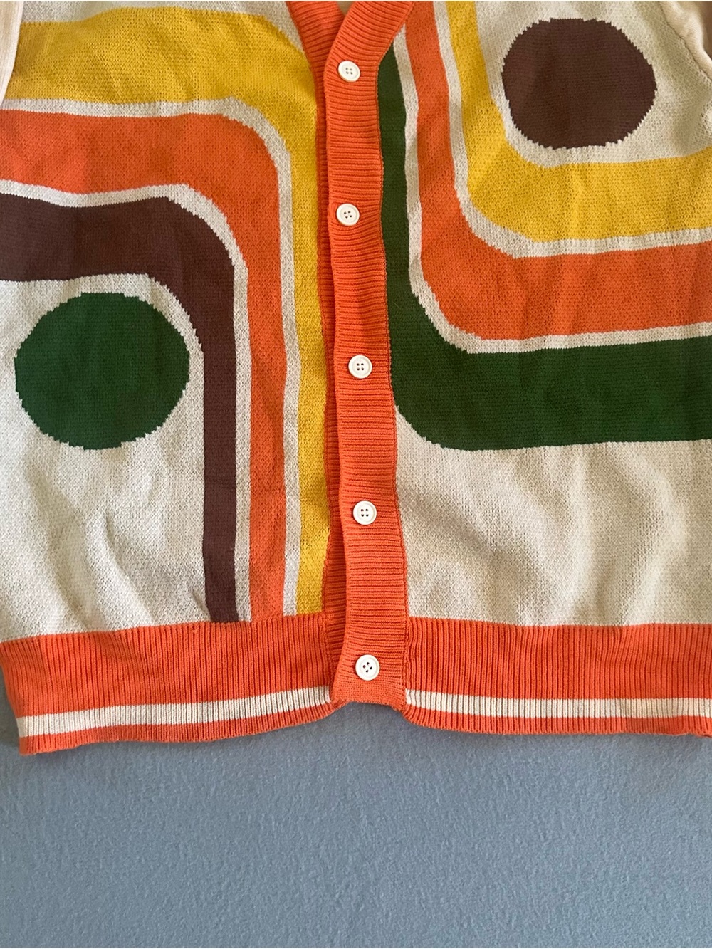 OXKNIT Retro 70s Geometric Knit Cardigan Cream Orange Mens 2XL Groovy - Picture 3 of 9